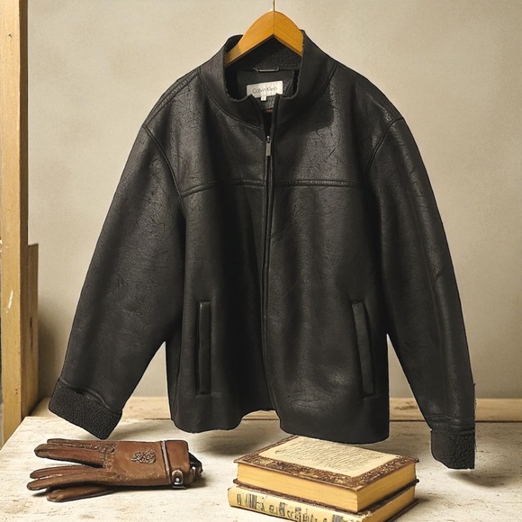 Calvin Klein Men's Brown Faux Leather Sherpa Lined Jacket Coat - Picture 1 of 8